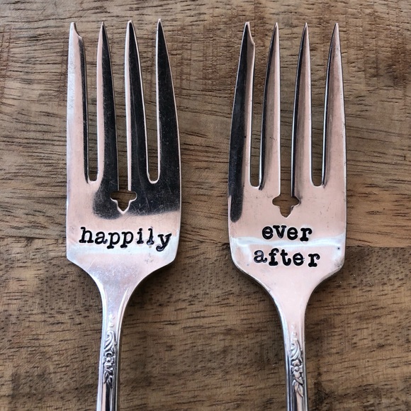 Hand-stamped silver plated forks & message “Happily”/“Ever After” when together - Picture 2 of 15
